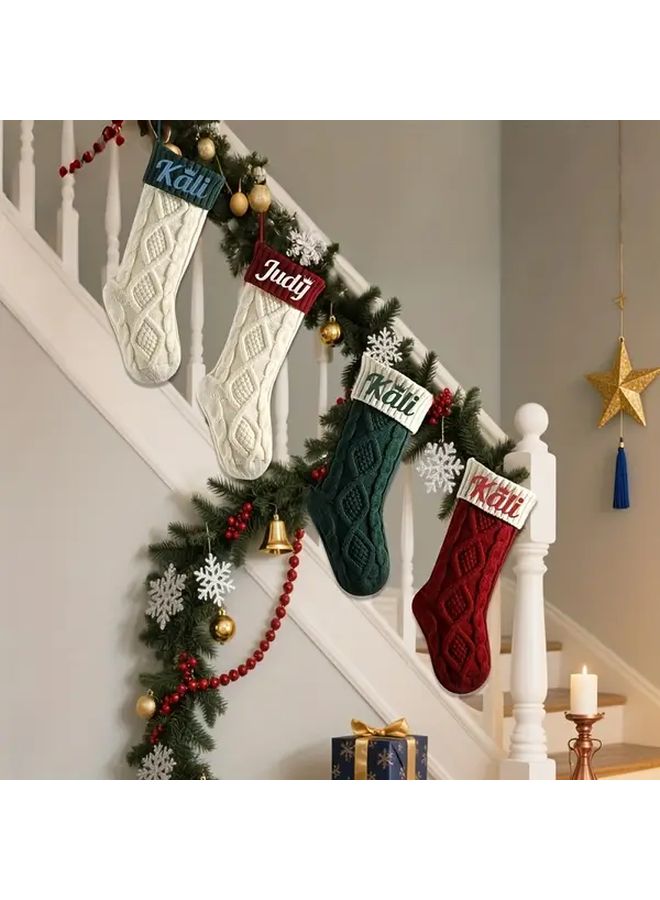 Personalized Knitted Christmas Stockings Green 3pcs Set With Name Embroidery - Image 2
